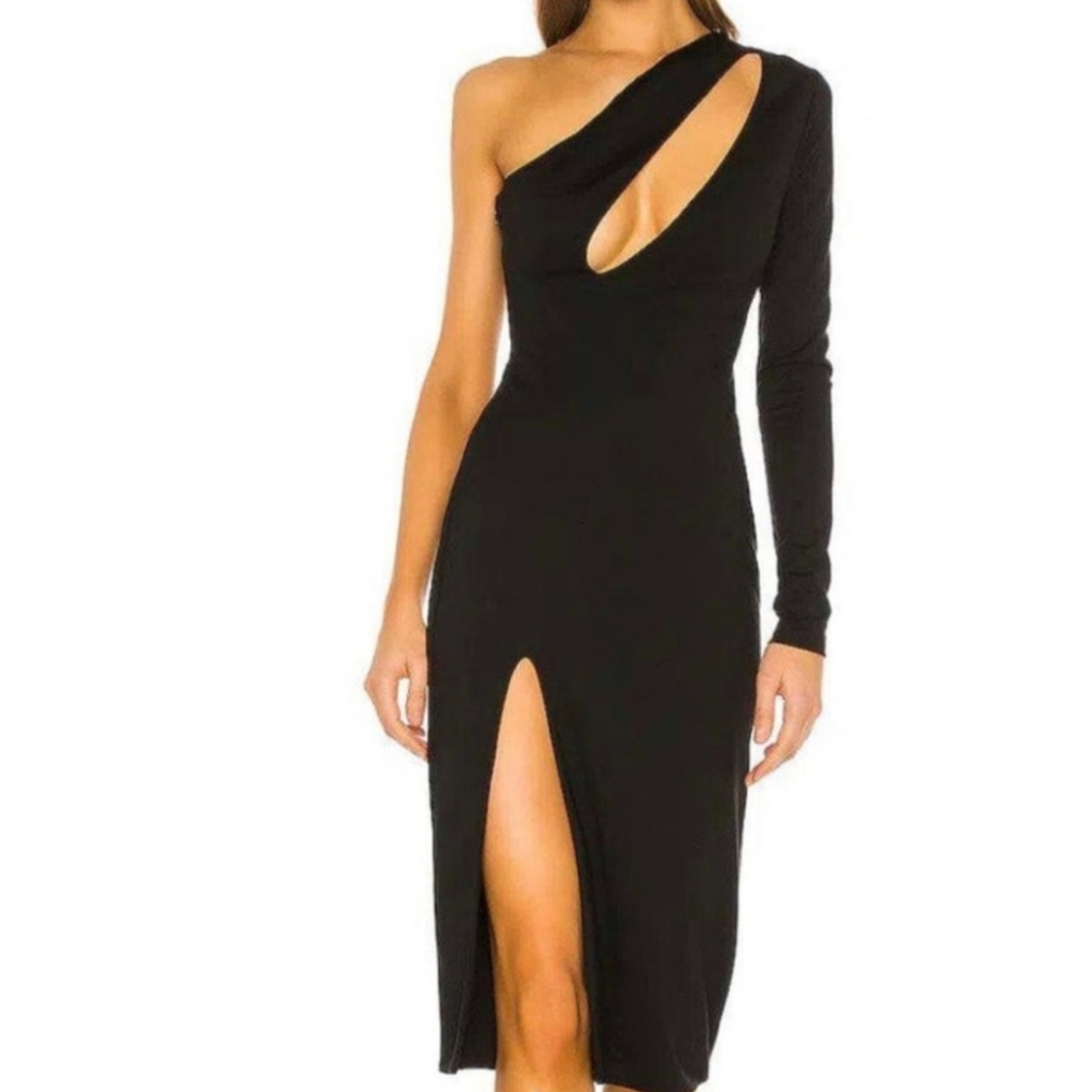 h:ours Pagne Midi Dress Black Side slit One Shoulder Long Sleeve Sexy Stretch XS